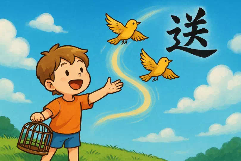 送 kanji meaning and mnemonic illustration