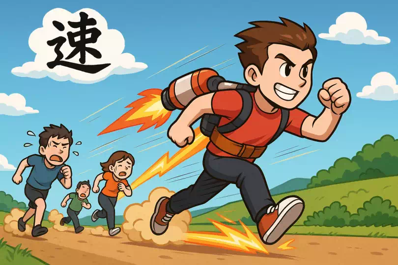 速 kanji meaning and mnemonic illustration