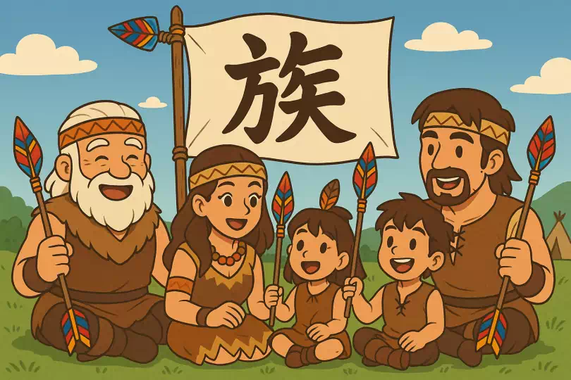 族 kanji meaning and mnemonic illustration