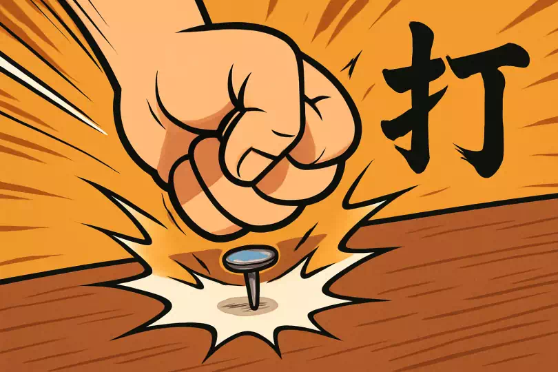 打 kanji meaning and mnemonic illustration
