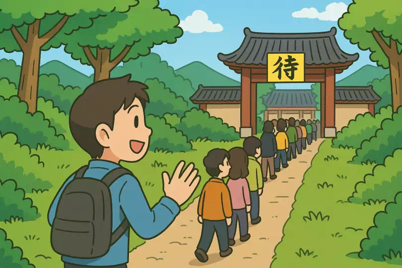 待 kanji meaning and mnemonic illustration
