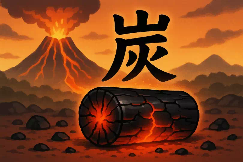 炭 kanji meaning and mnemonic illustration