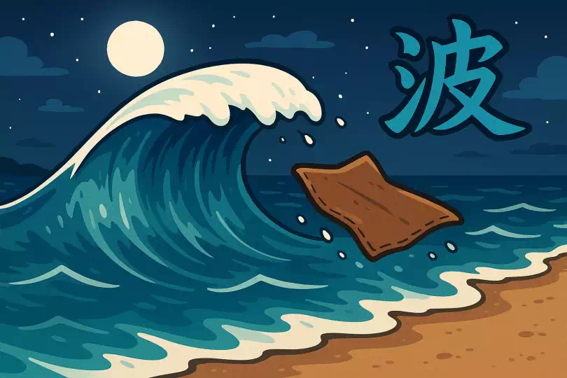 波 kanji meaning and mnemonic illustration