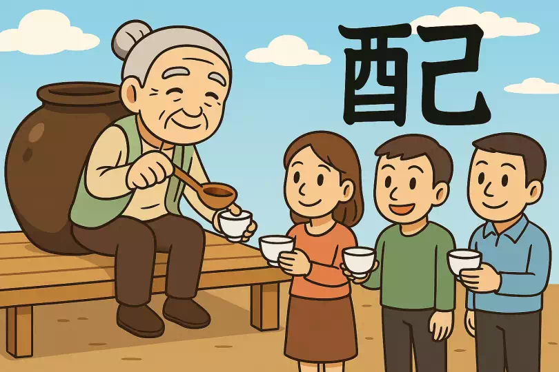 配 kanji meaning and mnemonic illustration
