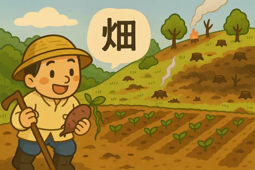 畑 kanji meaning and mnemonic illustration