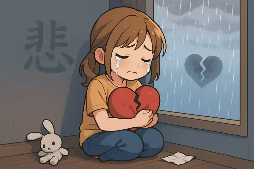 悲 kanji meaning and mnemonic illustration