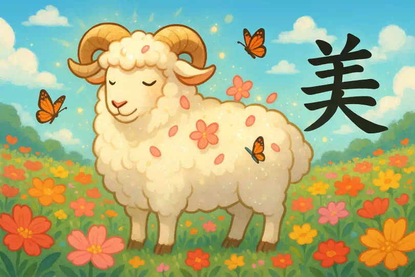 美 kanji meaning and mnemonic illustration