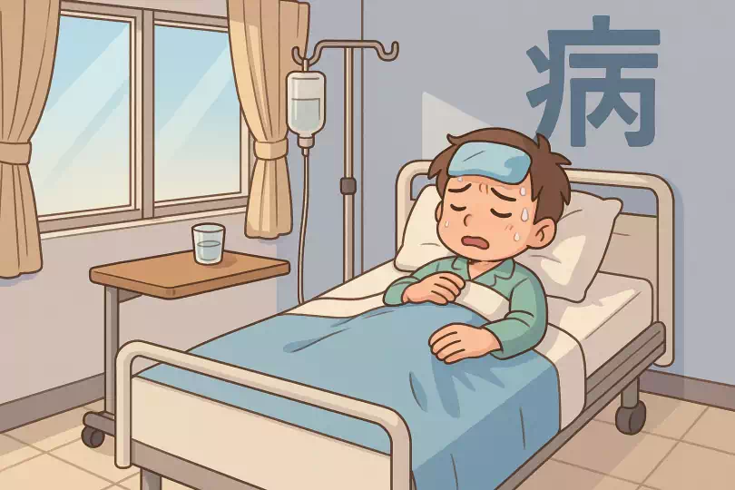 病 kanji meaning and mnemonic illustration