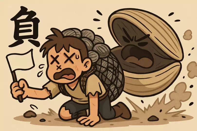 負 kanji meaning and mnemonic illustration