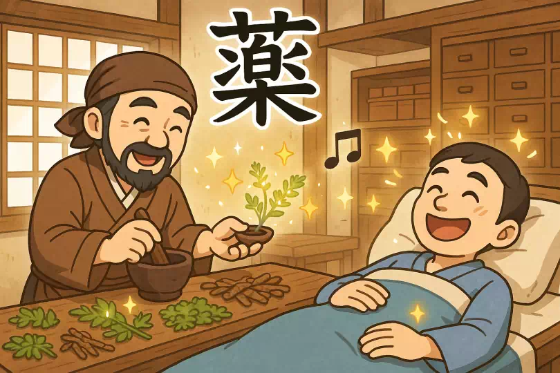 薬 kanji meaning and mnemonic illustration