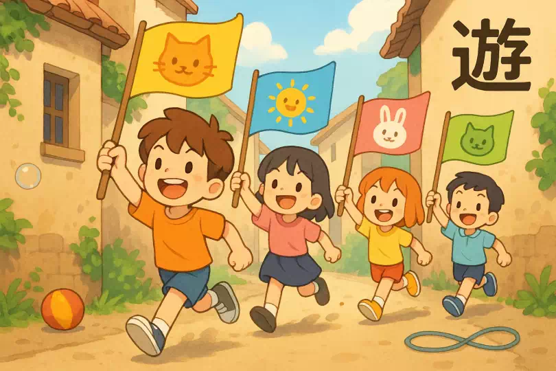 遊 kanji meaning and mnemonic illustration