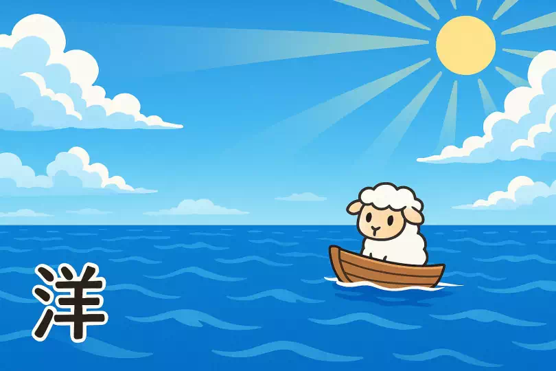 洋 kanji meaning and mnemonic illustration