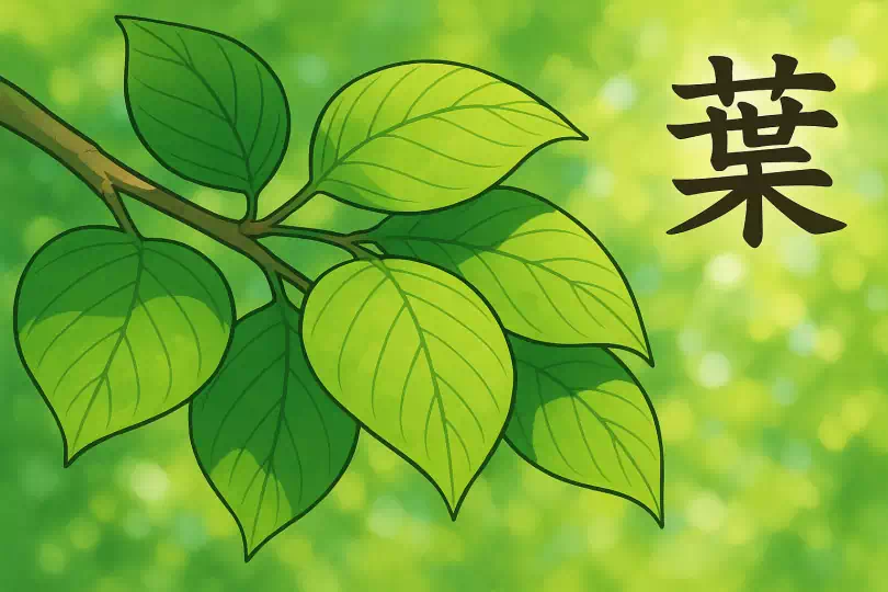 葉 kanji meaning and mnemonic illustration