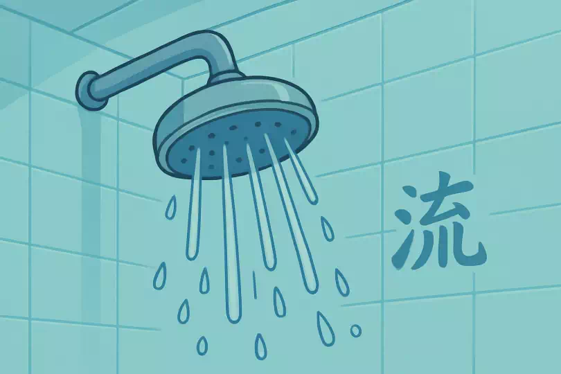 流 kanji meaning and mnemonic illustration