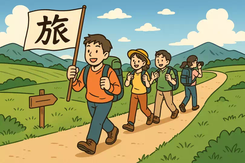 旅 kanji meaning and mnemonic illustration