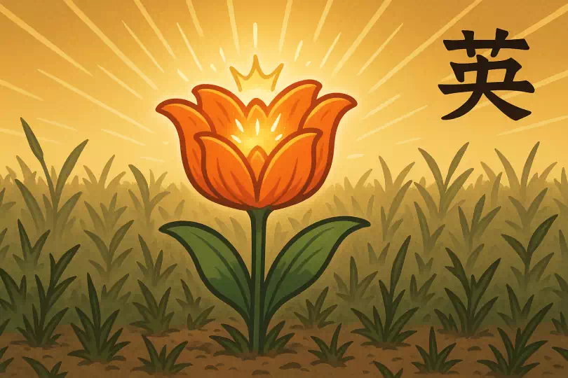 英 kanji meaning and mnemonic illustration