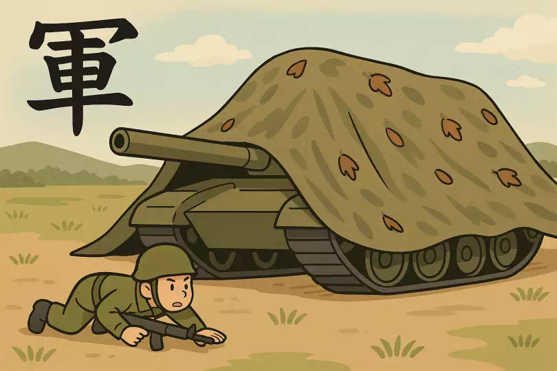 軍 kanji meaning and mnemonic illustration